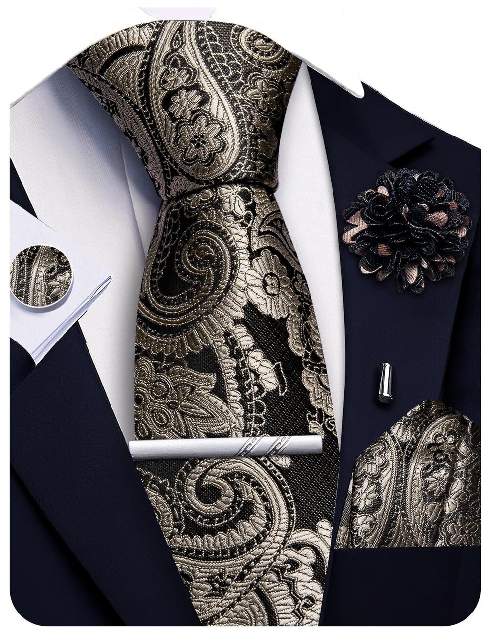 2882 Black Champagne Paisley Ties Silk Woven Necktie Pocket Square